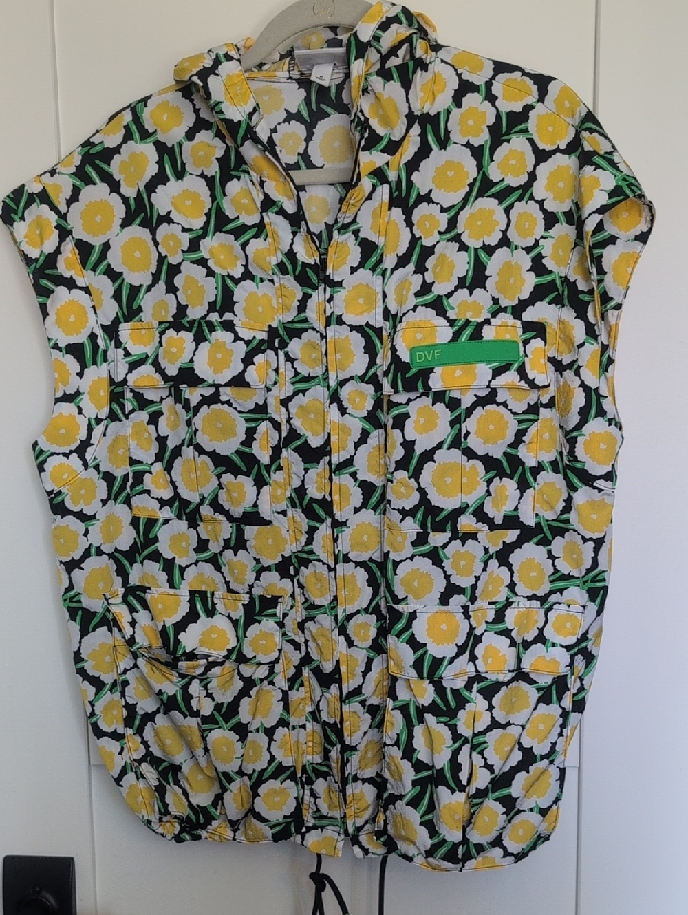 Diane Von Furstenberg Yellow Floral Sleeveless Packable Hooded Vest